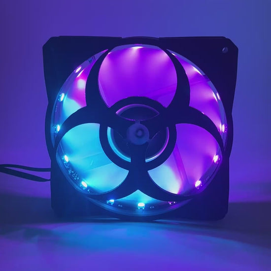 3D printed PC fan grill featuring a bold biohazard symbol. Perfect for custom gaming rigs, PC case mods, and fans of edgy, nerdy, or horror-inspired builds.
