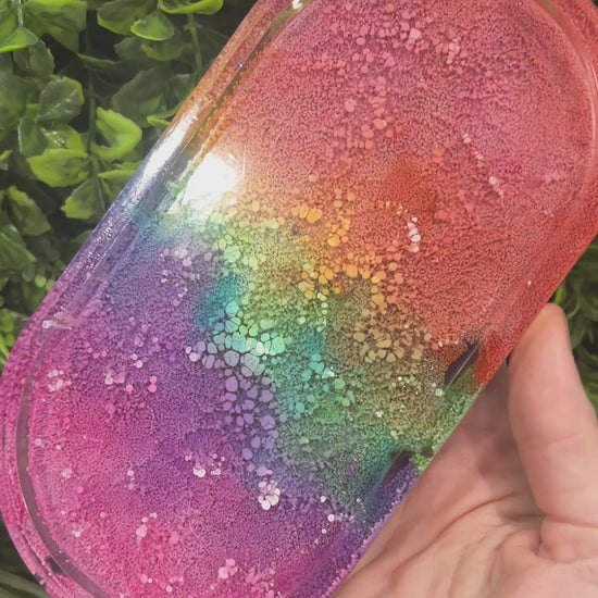 Handmade resin trinket tray with a vibrant rainbow petri pattern. Perfect as a jewelry holder, catchall dish, or colorful home decor accent.