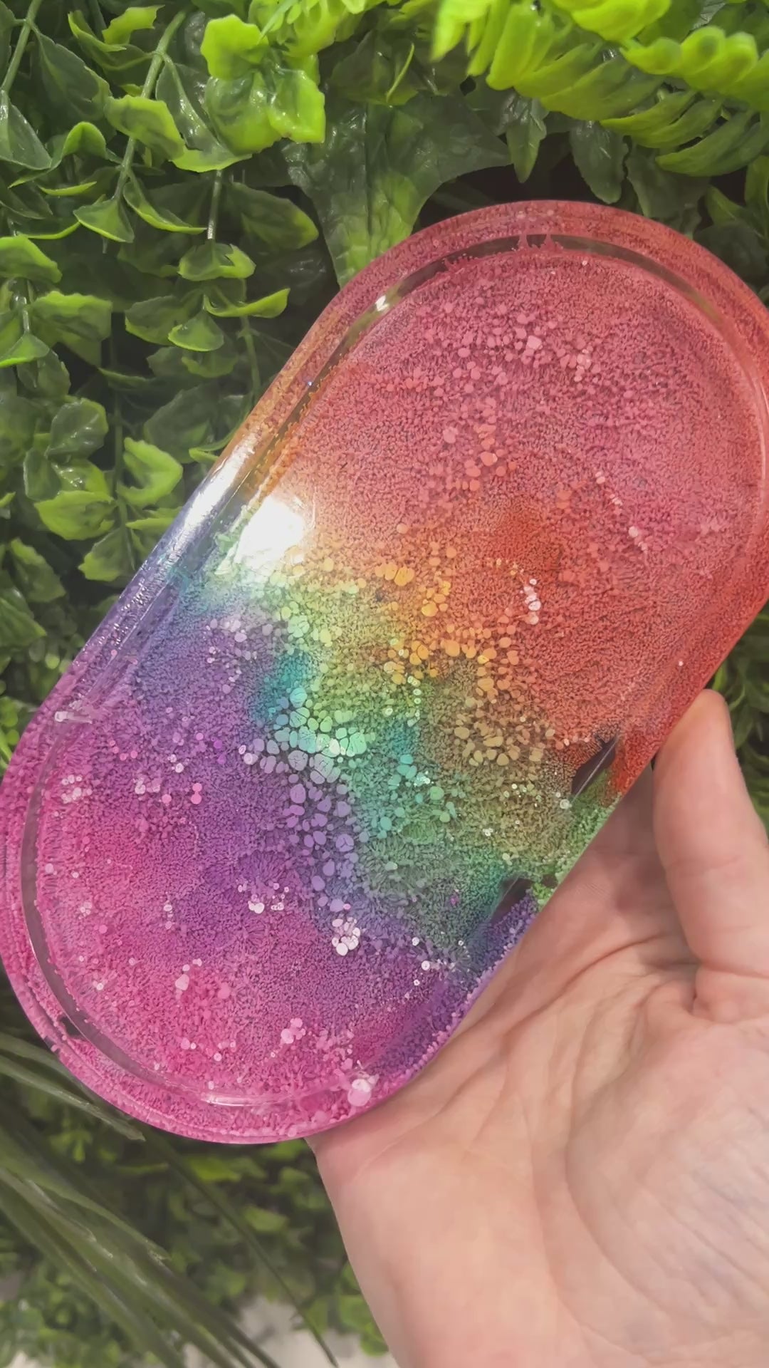 Handmade resin trinket tray with a vibrant rainbow petri pattern. Perfect as a jewelry holder, catchall dish, or colorful home decor accent.