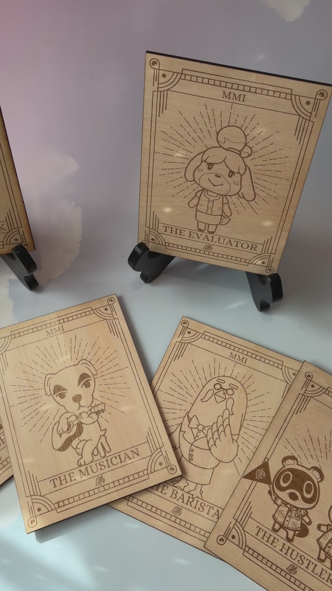 Laser-engraved wooden tarot cards featuring Animal Crossing Characters. Perfect for gamers, tarot lovers, and collectors. Cottagecore, cozy gaming decor.