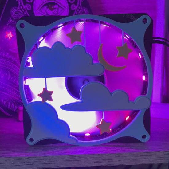 A 120mm PC fan grill featuring hanging clouds and stars.