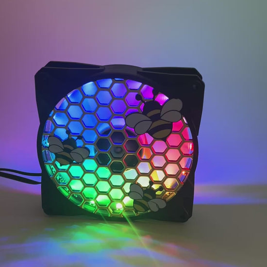 Adorable 3D printed PC fan grill featuring bees and honeycomb. Perfect for customizing aesthetic gamer setups with a cute, nature-inspired design.