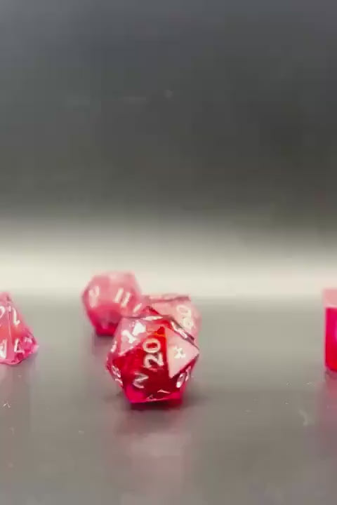 Red Glitter Liquid Core Dice Set: Sharp Edge Polyhedral DnD Dice
