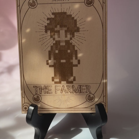 Stardew Valley inspired tarot card artwork laser engraved on 3mm basswood.