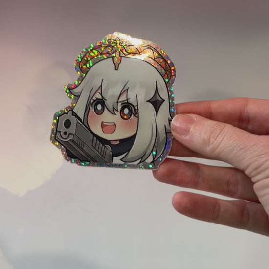 Holographic Paimon sticker from Genshin Impact featuring a cute chibi design. Perfect for decorating laptops, water bottles, and more. Durable and eye-catching, a fun way to show your love for the game!