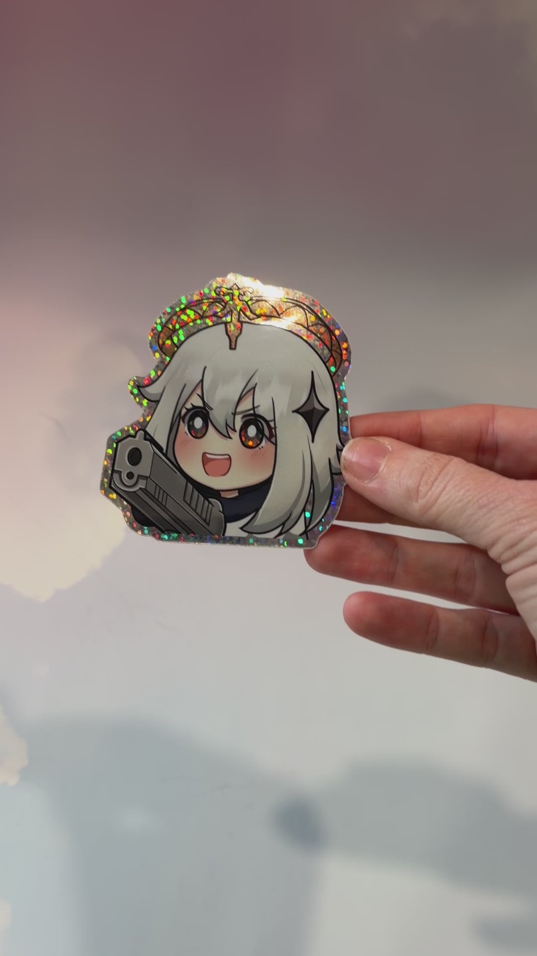 Holographic Paimon sticker from Genshin Impact featuring a cute chibi design. Perfect for decorating laptops, water bottles, and more. Durable and eye-catching, a fun way to show your love for the game!
