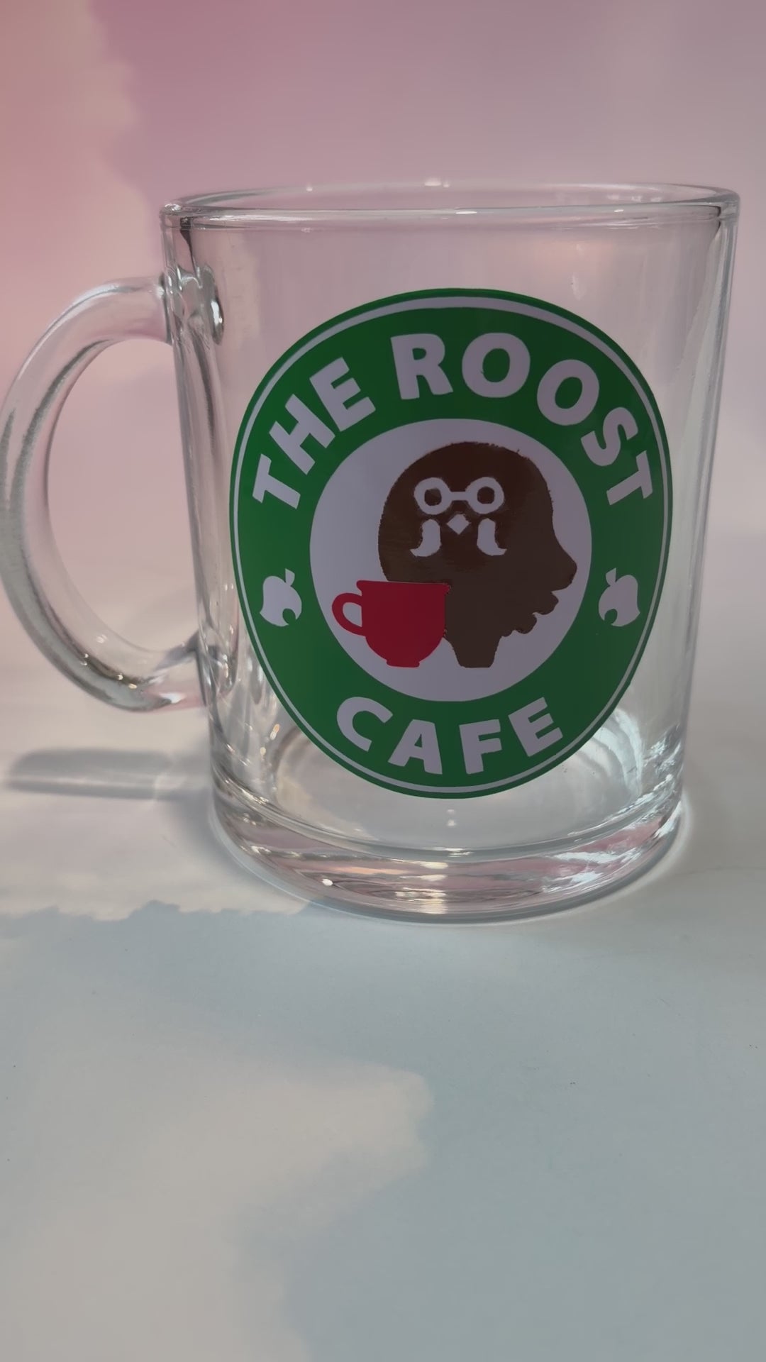 Glass coffee cup with Roost Café inspired vinyl logo.